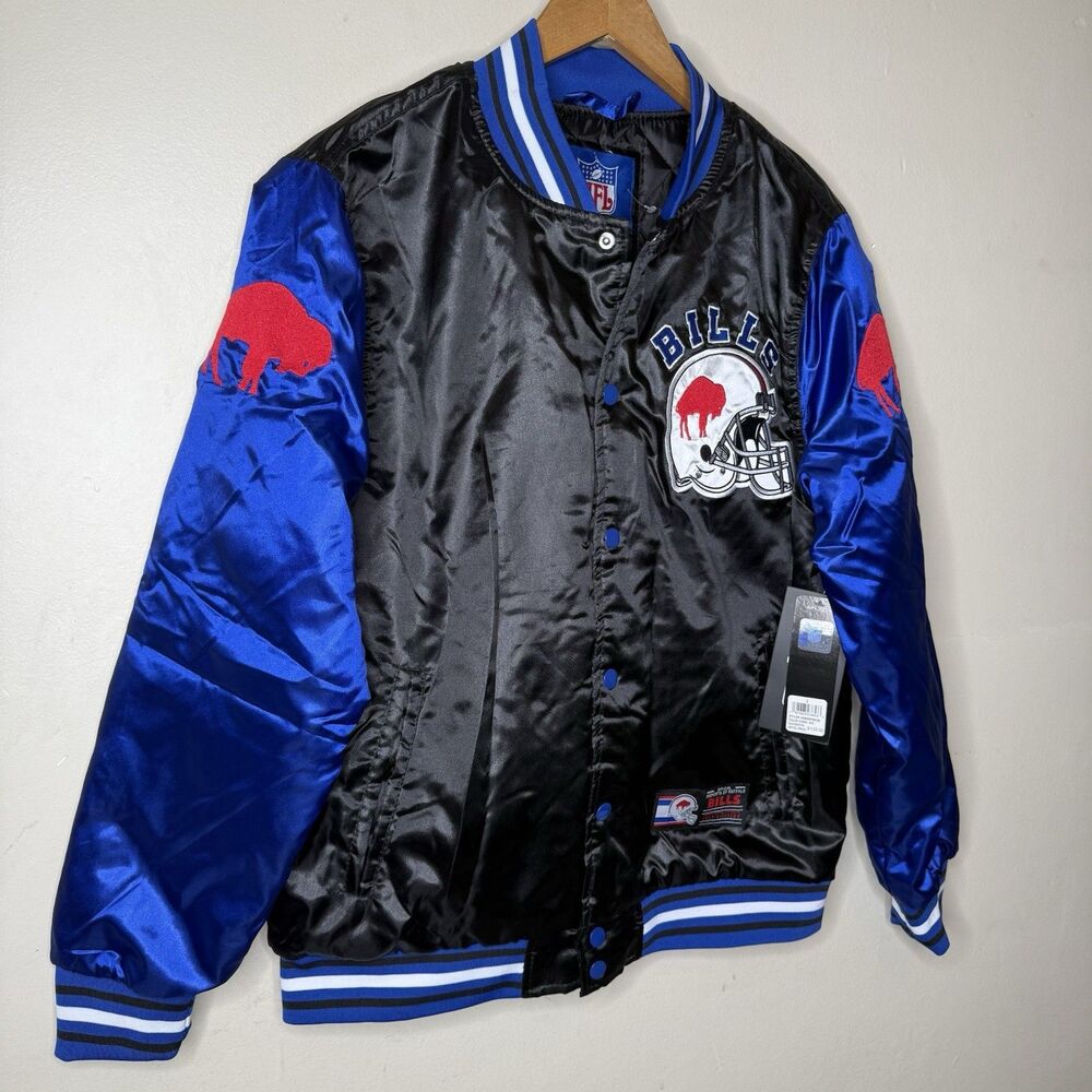 Buffalo Bills Satin Bomber Jacket Mens Small Blue Black Retro Varsity Snap Front - Picture 4 of 10